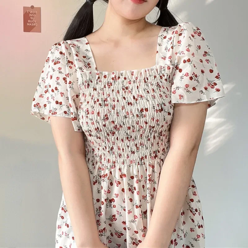 Spring Summer Elastic Waist Short Sleeve Chiffon Dress Women Casual Dresses Female Printed Floral Midi A-Line Dresses Vestidos