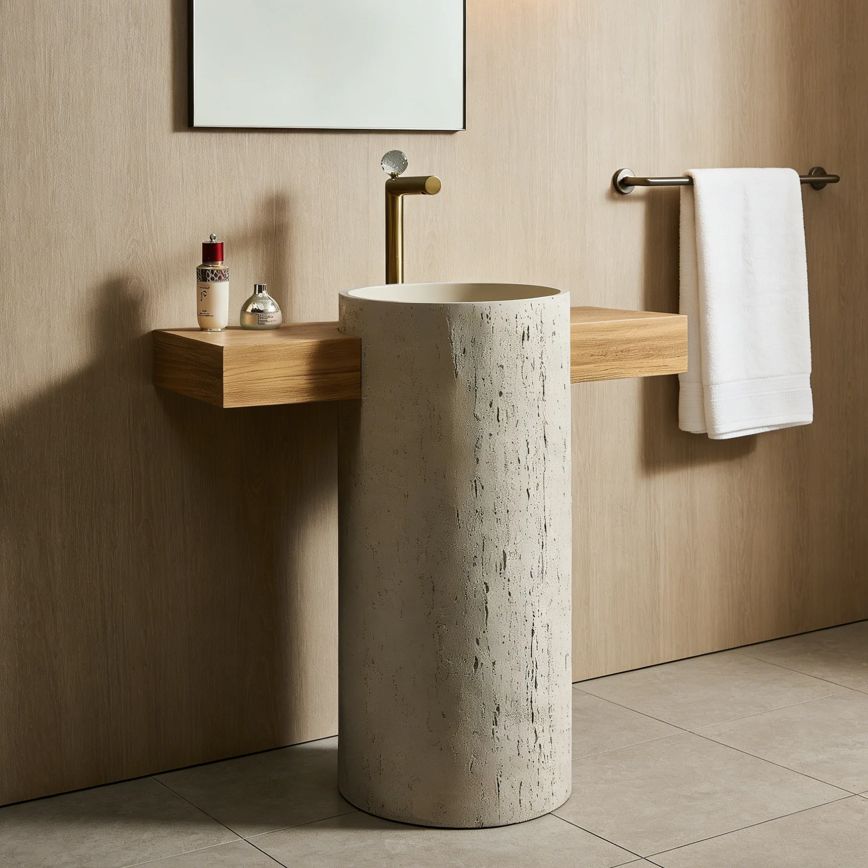 Wabi Sansan natural travertine circular wash basin with countertop bathroom integrated floor type T-shaped column basin