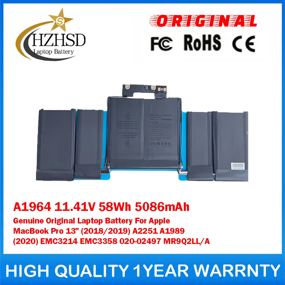 

A1964 11.41V 58Wh 5086mAh Genuine Original Laptop Battery For Apple MacBook Pro13"(2018/19)A2251(2020) EMC3214 EMC3358 020-02497