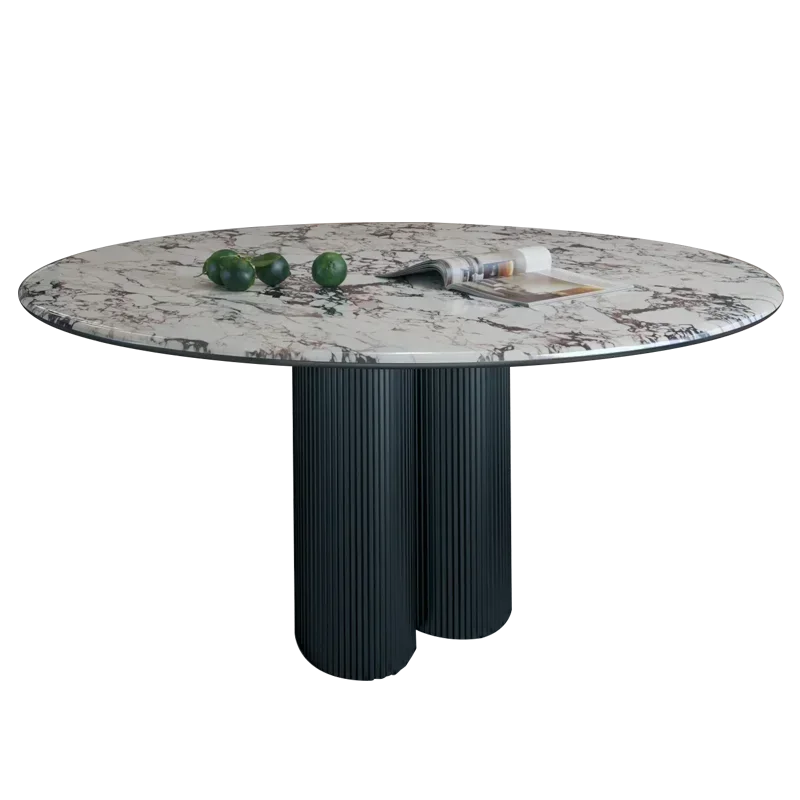 A Round marble dining table with turntable household Italian light luxury French stainless steel table