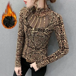 Fall Winter European Clothes Lady T-Shirt Chic Sexy Print Leopard Rivet Patchwork Mesh Tops Long Sleeve With Fleece 2022 Tees 02