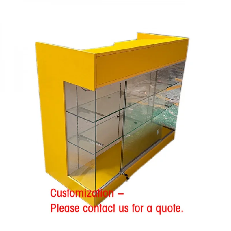 

custom.Elegant Popular Supermarket Convenience Black White MDF Tempered Glass Checkout Counter LED Lighting Yujin L-003