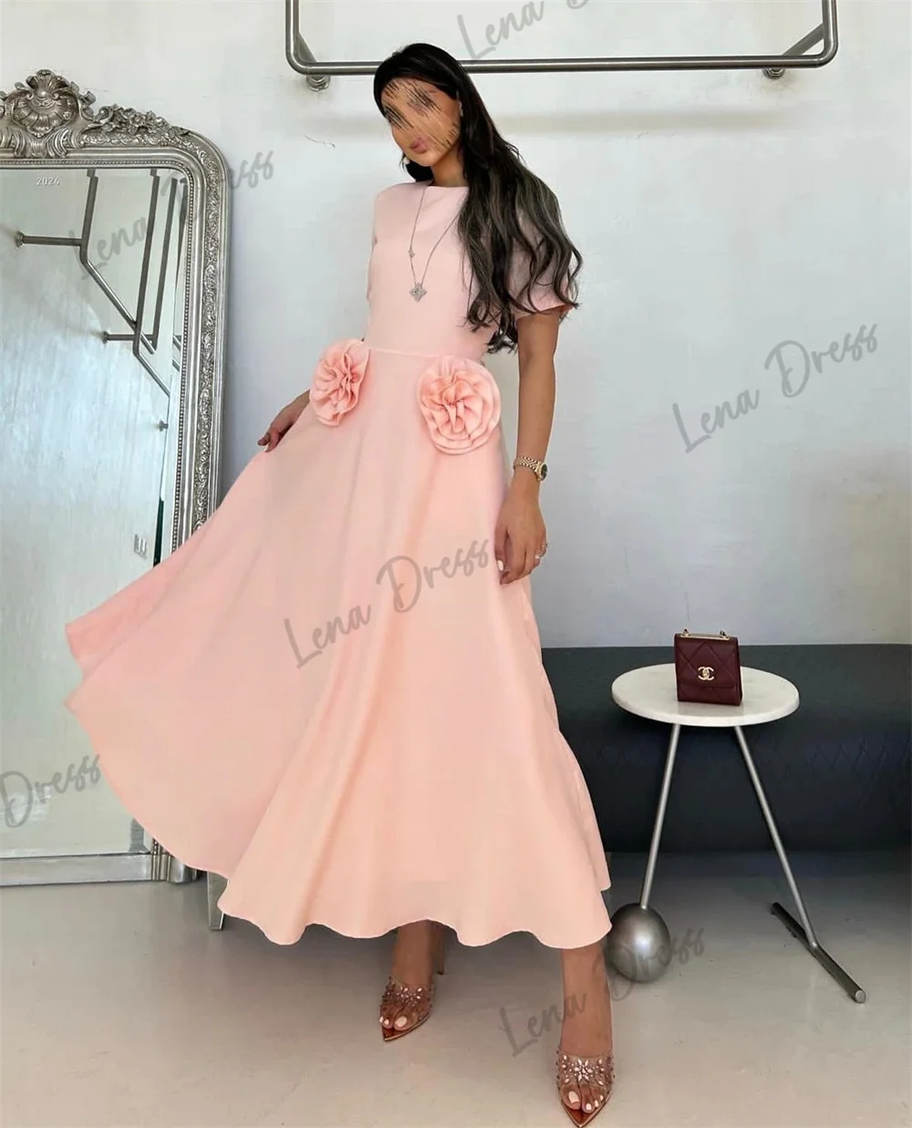 

Lena-2024 Modern Classic Style Formal Evening Dress O-Neck A-line Flower Drop Satin Customized Occasion Dress