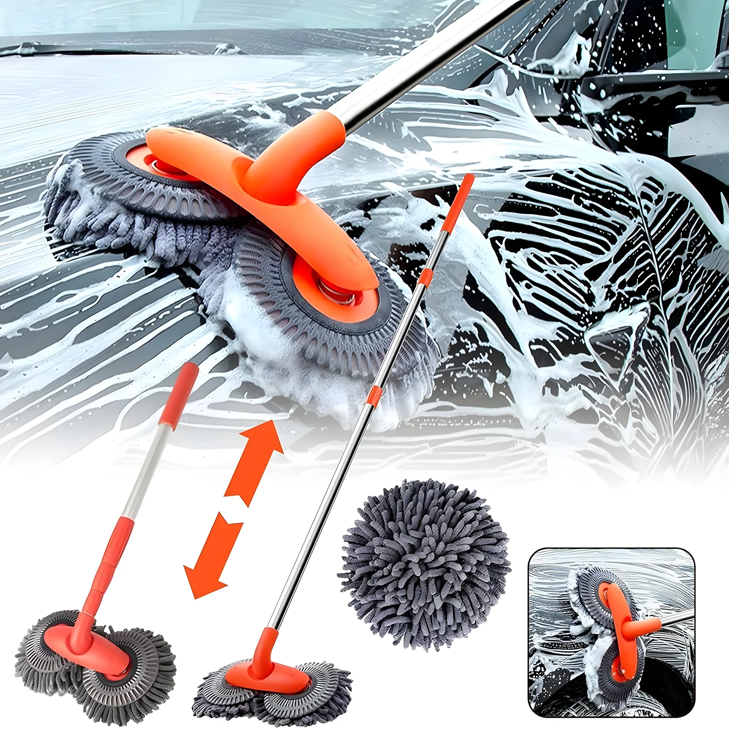 Retractable Double Head Car Wash Brush 360° Rotating Long Handle Car Cleaning Brush Chenille Microfiber Wash Mop Scratch Free
