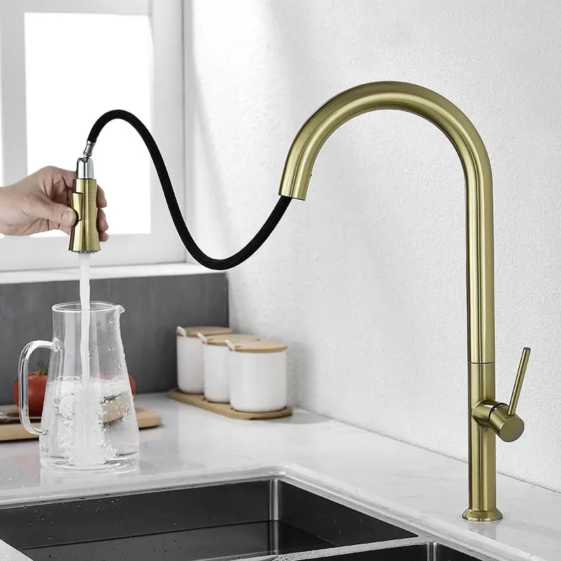 

Brushed Gold/Gunmetal/Black Kitchen Sink Faucet Single Handle Rotation Pull Out Cold And Hot Water Mixer Tap