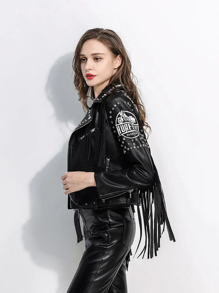 PU Leather Rivet Tassel Jacket Women Streetwear Slim Short Zipper Punk Grunge Leather Jackets Locomotive Coats Female Clothing