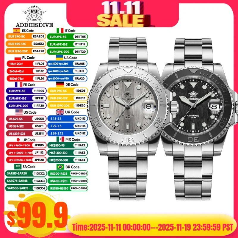 

ADDIESDIVE AD2087 Men Watch Waterproof 20Bar Driver Sapphire Glass BGW9 Luminous Reloj Hombre NH35 Automatic Mechanical Watch