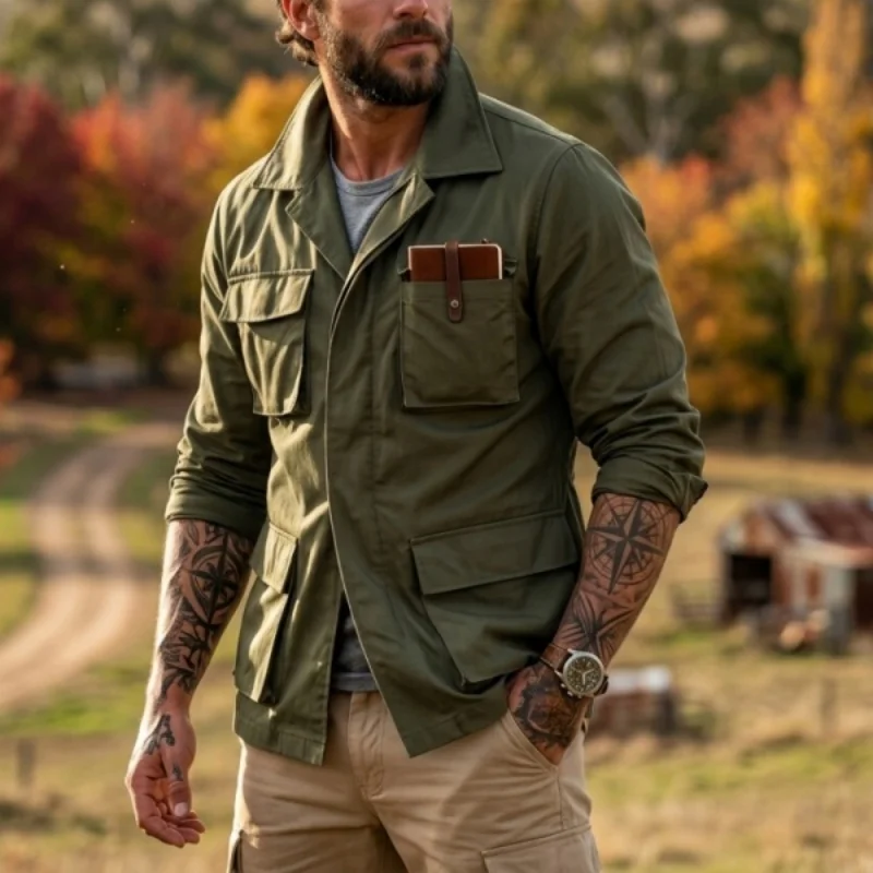 

Spring/Autumn Men's Multi-pocket Cargo Jacket | Thin & Practical Streetwear Solid Color Outerwear [New Arrival]