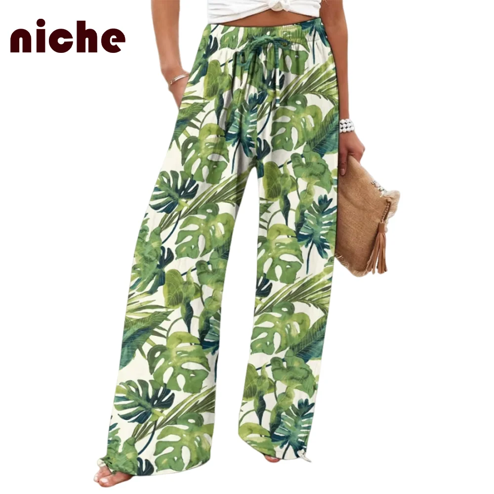 Fresh Ladies Beach Pants Green Leaf Graphic Printing High Quality Cotton And Linen Soft Fashion Trend New Loose Trousers