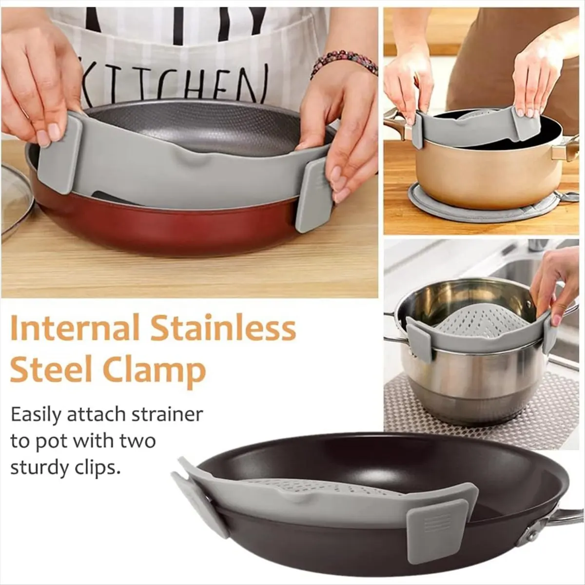 MALL Clip on Strainer for All Pots Pan, Silicone Pasta Strainer Kitchen Gadgets, Colander for Noodle,Vegetables