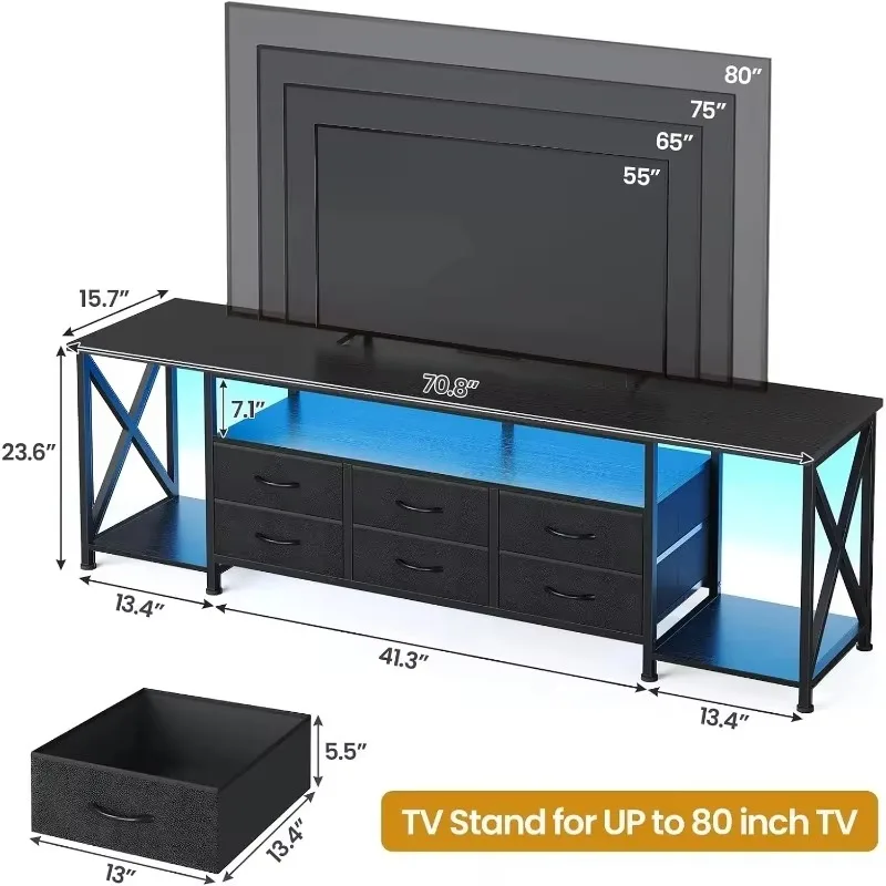 ^TV Stand with LED Lights & Power Outlets, for TVs up to 85 Inches, 6 Fabric Drawers Entertainment Center with Open Storage