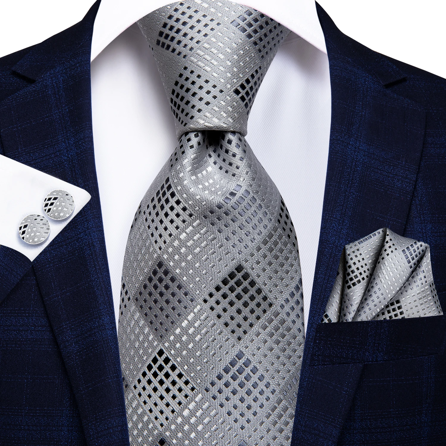 Hi-Tie Luxury Silver Novelty Men Tie Gravata Wedding Necktie For Men Hanky Cufflink Set Fashion Design BusinessDropshipping