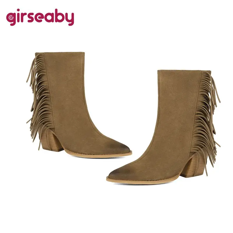 Girseaby Lady Brown Ankle High Botas Sharp Toe 8cm Cuban HeelTassels Plus Size 40 41 42 43 44 45 46 47 48 Black Grey