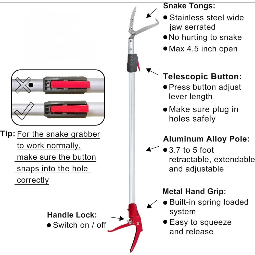 

3.7-5 FT Snake Grabber Telescopic with Hooks, Rattle Snake Catcher Tool, Long Handle Reptile Wide Jaw Tongs