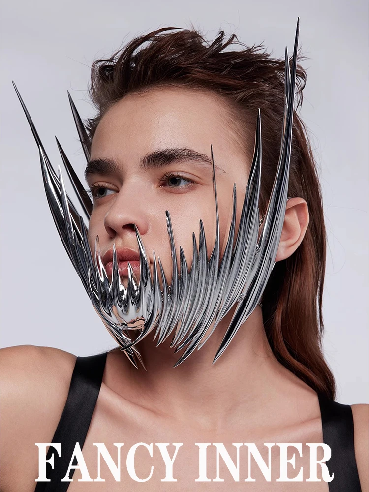 2023 New CyberPunk Mask Liquid Irregular Steel Exaggerated Spine Metal Facial Earring Accessories For Women Men Party Jewelry