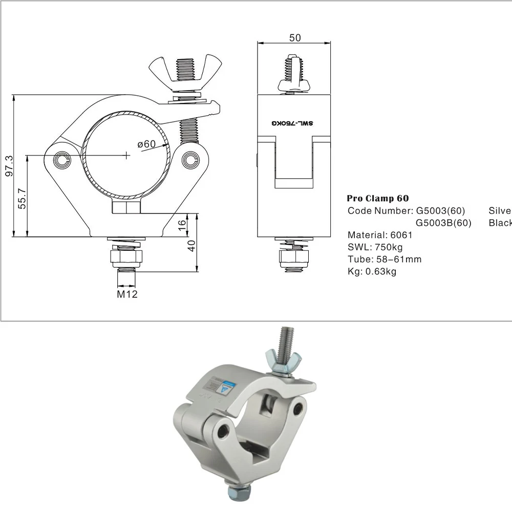 

1Piece Pro Aluminum Clamp Stage Light Hook Coupler Pipe Mounting Light Set up for 60mm Tube Heavy Duty 750KG Loading Capacity