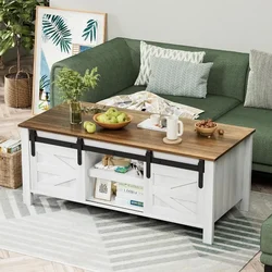 Coffee table with sliding barn door and lockers, wooden center rectangular cabinet with adjustable shelves for living room