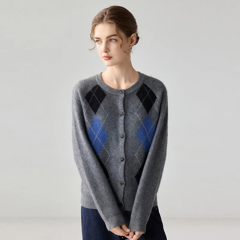 100% cashmere cardigan women's knitted 2026 autumn diamond pattern European luxury color block knitted sweater jacket for warmth