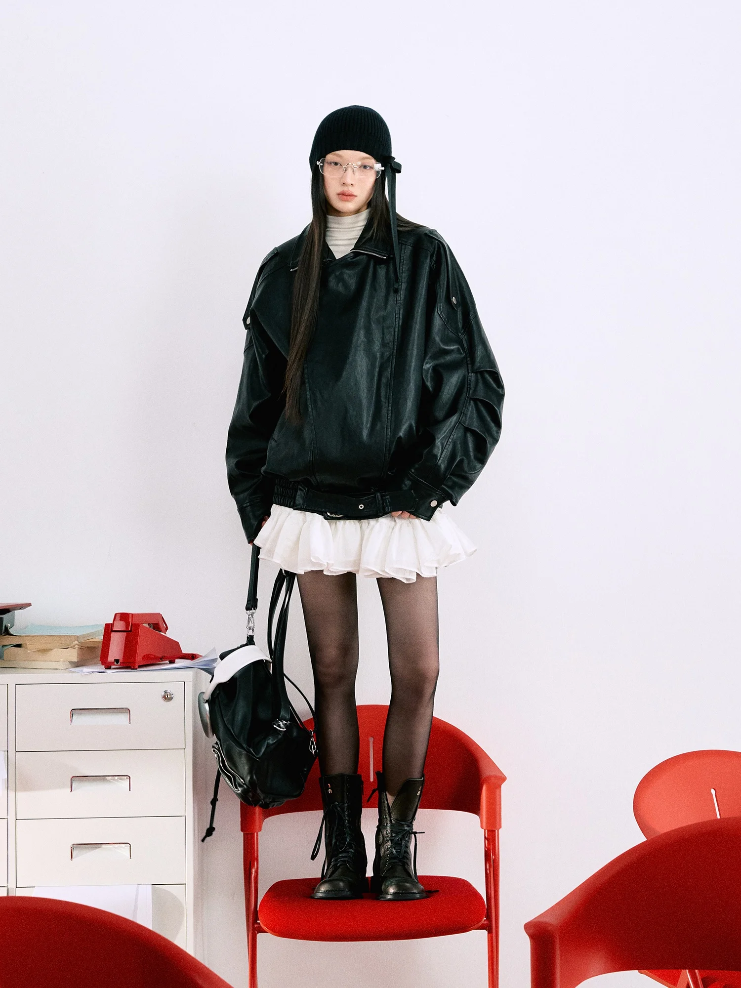 LaluneDuCiel American Retro Casual PU-Leder Jaet Damen Loose Bla Vielseitige Motorrad-Oberbekleidung Herbst 2024