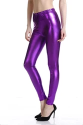 Women Shiny Metallic Spandex Leggings Workout Hot Pants Wet Look Luster Silver Gold Middle Waist Stage Performance Show Trousers