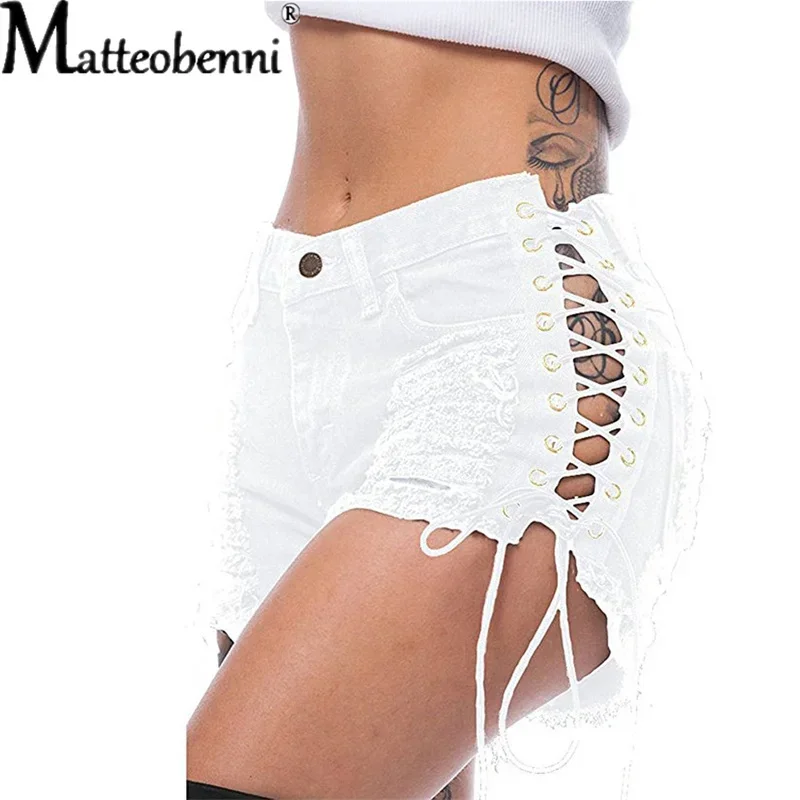 Sexy zerrissene Quaste Jeans Streetwear hohe Taille gerade Jeans shorts 2024 Sommer neue Frauen Schnür loch aushöhlen Jeans shorts