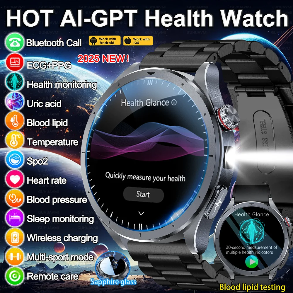 

2025 New HOT Health Analysis Blood Lipids Uric Acid Smart Watch ECG+PPG Blood Pressure Blood oxygen Tracker Clock For Men Women