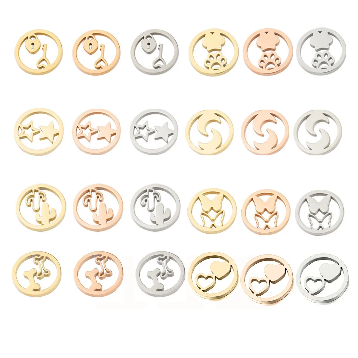 10pcs Stainless Steel Round Hollow Moon Star Plant Animal Bone Charms Pendant Diy Gift Necklace Bracelet Jewelry Making Supplies