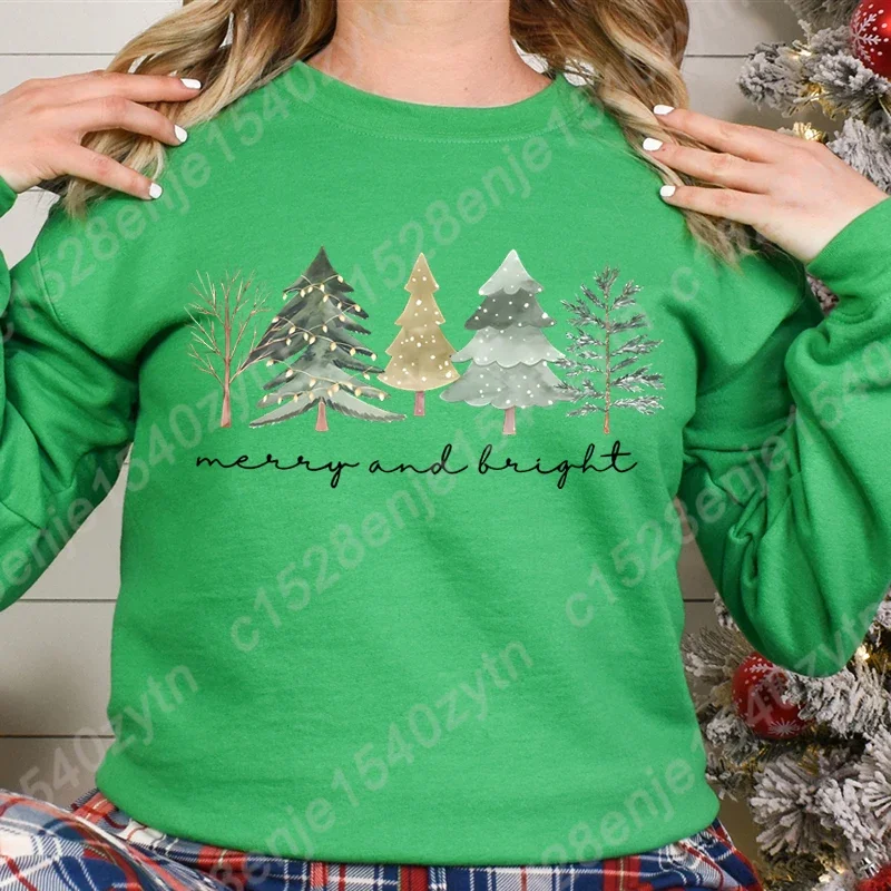 Festive Christmas Tree Print Long Sleeve Sweatshirts for Women, Perfect for Winter and Fall Casual Wear