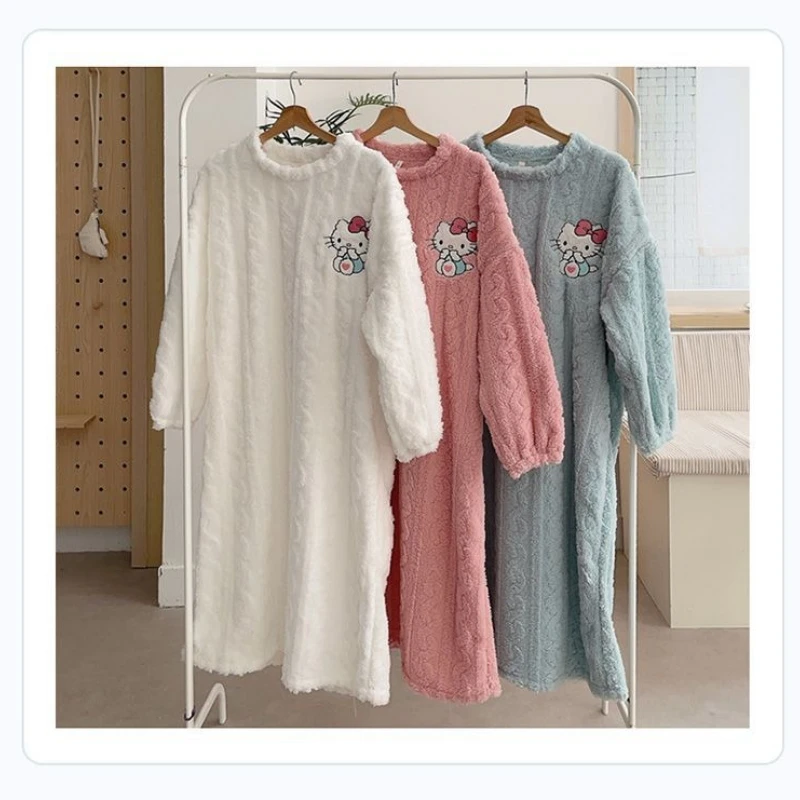 

Cute Hello Kitty Coral Fleece Sweet Style Women's Mid-Length Sleeping Dress Sanrioed Women Homewear - Comfortable and Cushioned