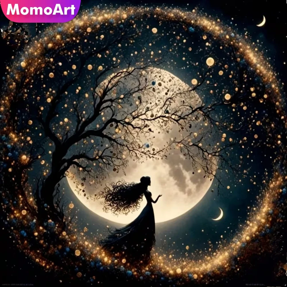 Momoart Vollquadratische und Runde Diamantmalerei, Mond-Acryl-Bastelbedarf, DIY Baum-Landschaft Diamantmosaik, Frauen-Wanddekoration