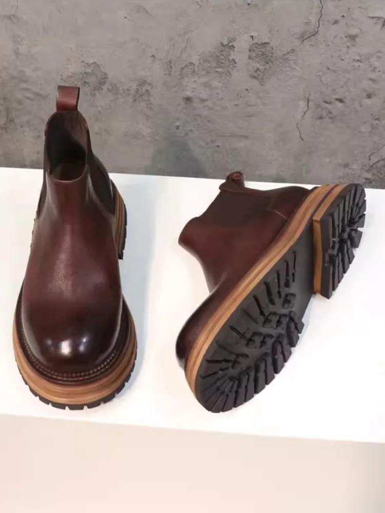New Women Cowhide Genuine Leather Chelsea Boots Casual Slip-On Round Toe Thick Bottom High Top Shoes Vintage Female Short Boots