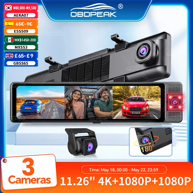 

OBDPEAK 3 Camera Dash Cam 4K Car DVR Front Inside Rear 1080P GPS Tracking Night Vision Video Registrator Dashcam Parking Monitor