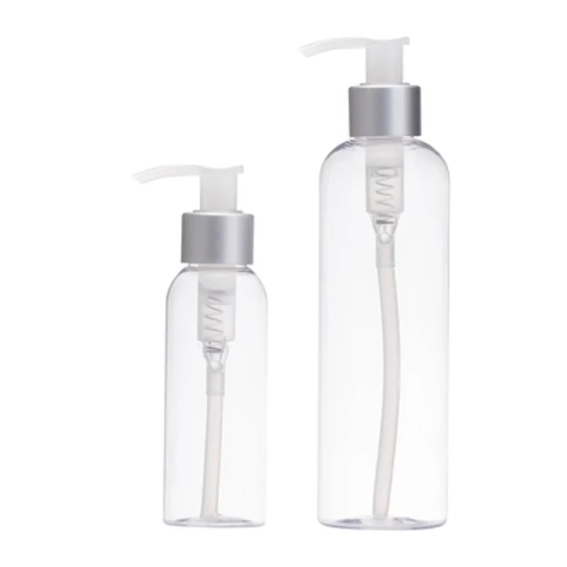 

25Pcs 100ML 250ML Empty Packing Plastic Clear Bottle Round Shoulder PET Matte Silver Collar Lotion Pump Refillable Packaging