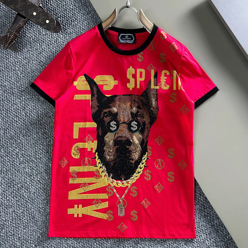 Alex Plein Rhinestones Dobermann Cotton Men\'s Fashion Cloth 2024 Summer Contrast Collor Casual Round Neck Short Sleeve Tshirt