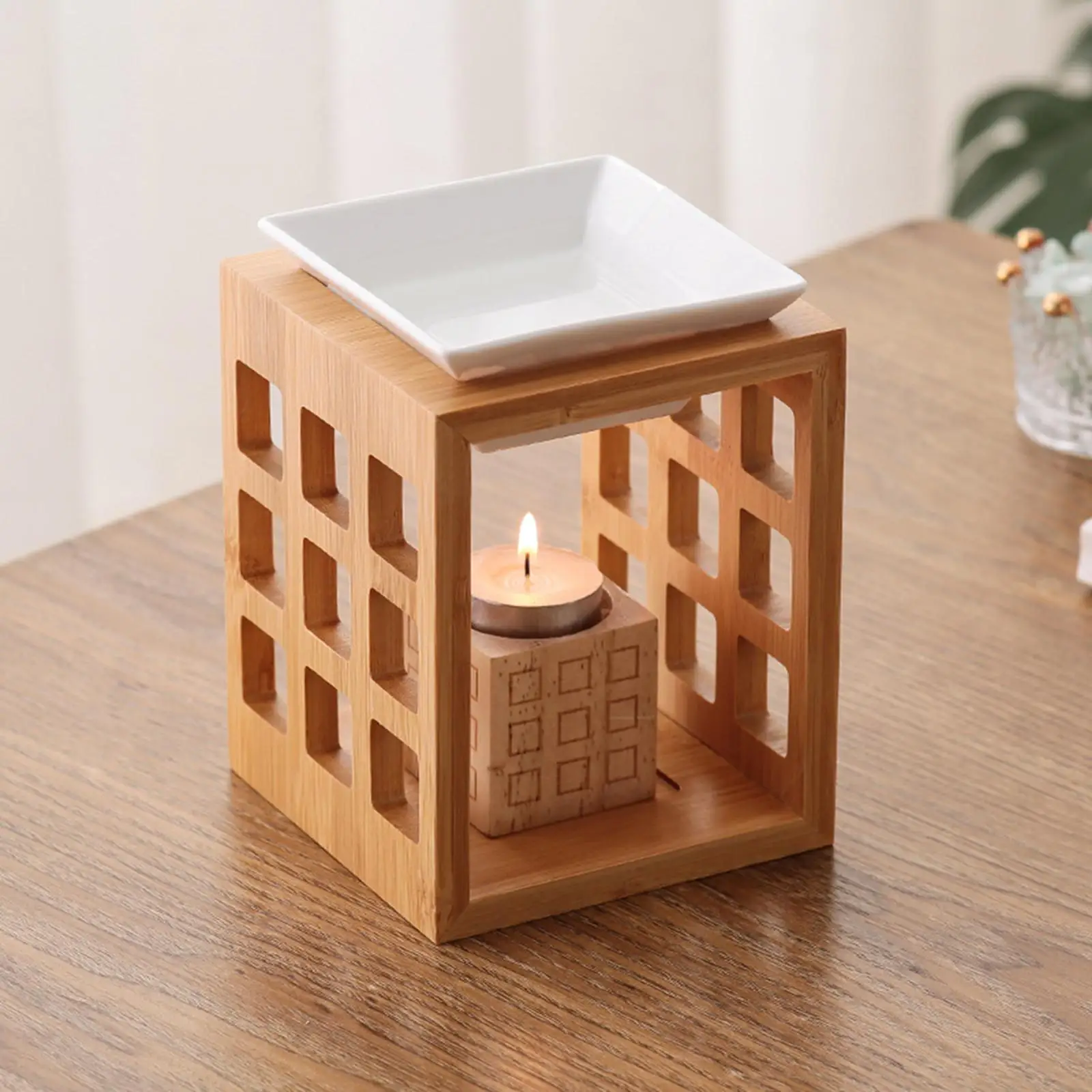 Ceramic Oil Burner Tealight Candle Warmer Wax Melting Diffuser with Bamboo Wooden Base for Living Room Office Patio Home