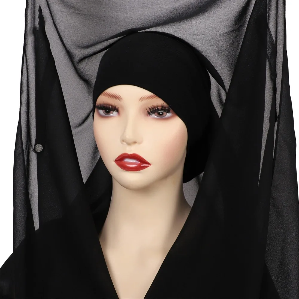 2in1 Instant Chiffon Hijab Scarf Solid Color with Undercap Muslim Long Headscarf Bulit-In Magnets Full Cover Women Chiffon Shawl