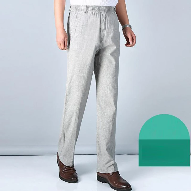 Men's Cotton Linen Male LOOSE Trousers Casual Work Wear Pants Office Summer Thin Elastic Waist Business Full-length Trousers