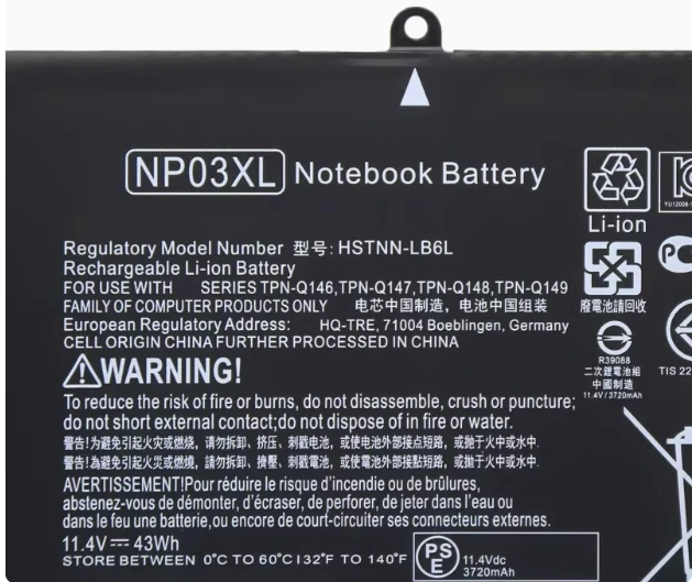 Suitable for Hp Hstnn-Lb6L Np03Xl Tpn-Q146/147/148 Laptop Battery