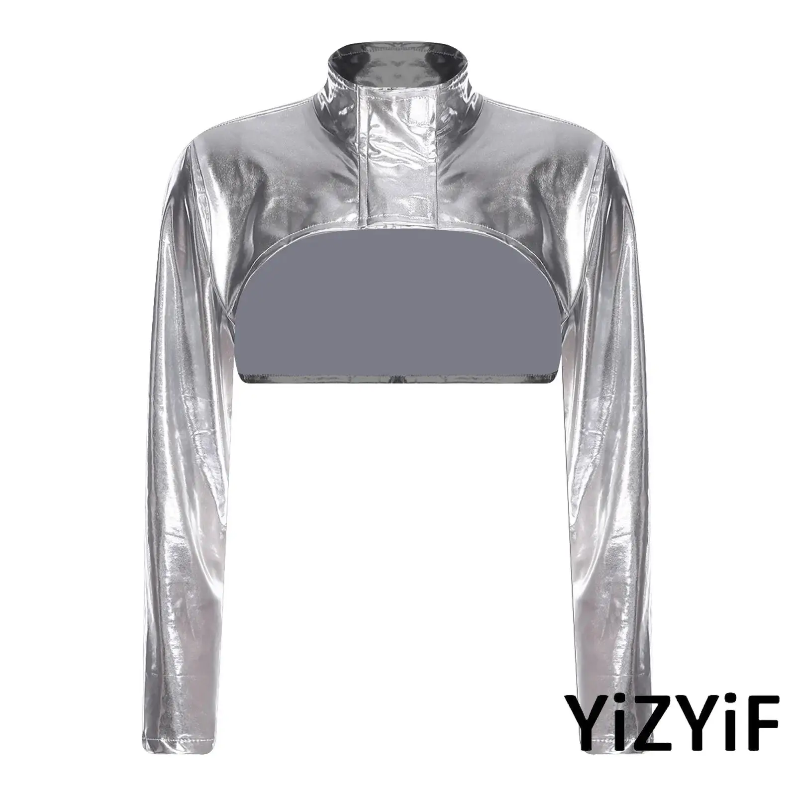 Womens Disco Party Dance Crop Top with Oversleeves/Brooch Holographic Metallic Pullover T-shirt Top for Rock Music Festival Wear