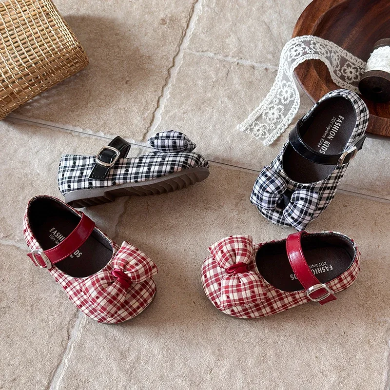 Girls Plaid Bow Mary Jane Flats, Toddler Kids Spring Autumn Princess Dress Shoes, Adjustable Buckle Strap Non-Slip Flat Shoes