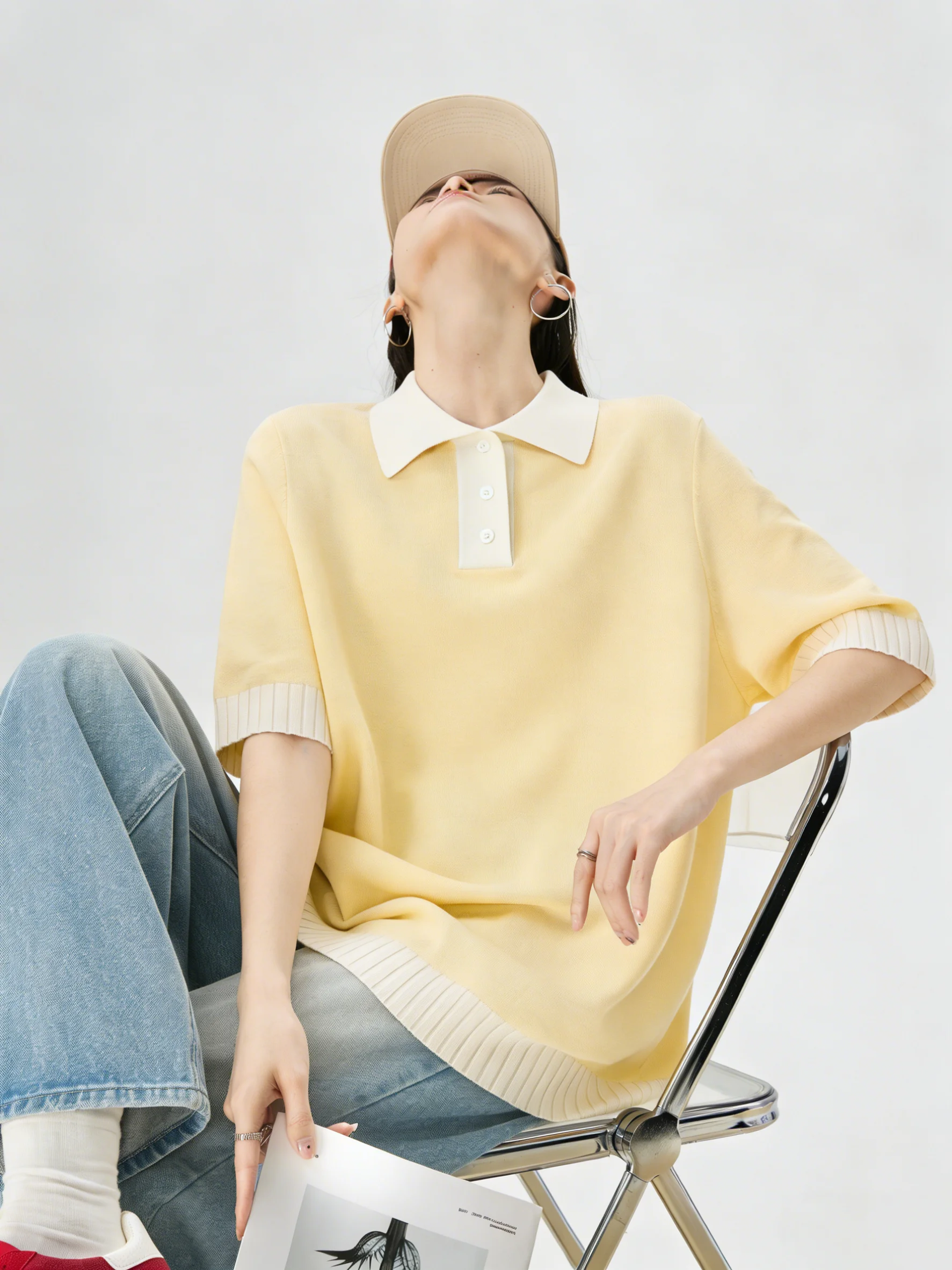 

Korean Style Yellow Neck Short Sleeve Knitted Shirt Spring Lazy Loose Feelings Light Human Match New Top Women's Fashion