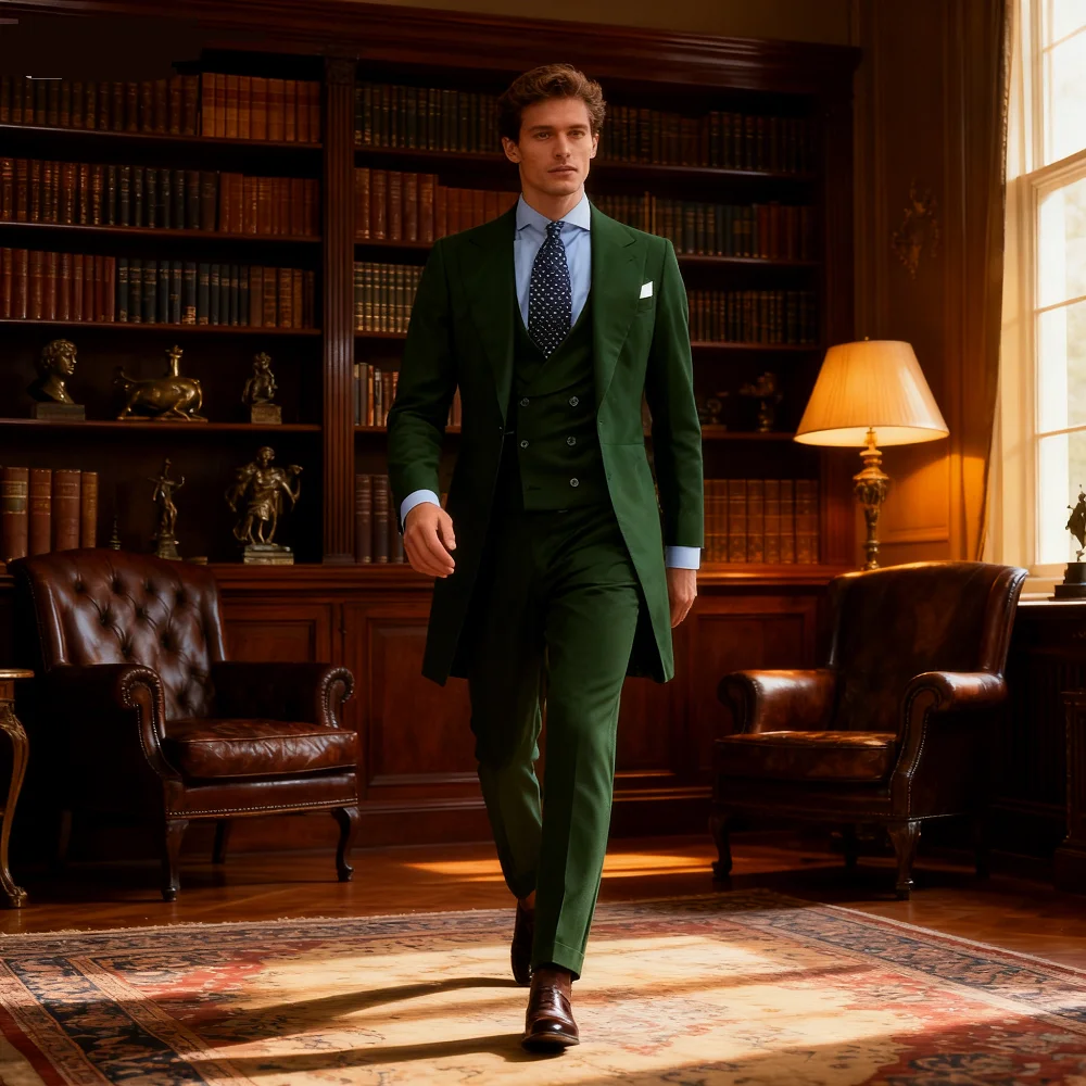 

Red Long Men's Smoking Suit Customizable Blazer Dance Jacket Vest Trousers Chinese Drawings Soft Coat Mens Formal Wear