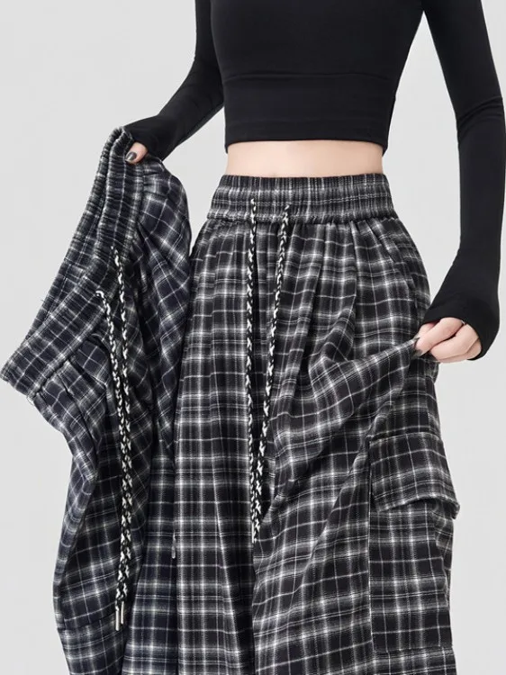 

Loose Casual Plaid Pants Women's Autumn Winter Elastic Waist Dstring Wide Leg Trousers Small Size Workwear Knife Pants