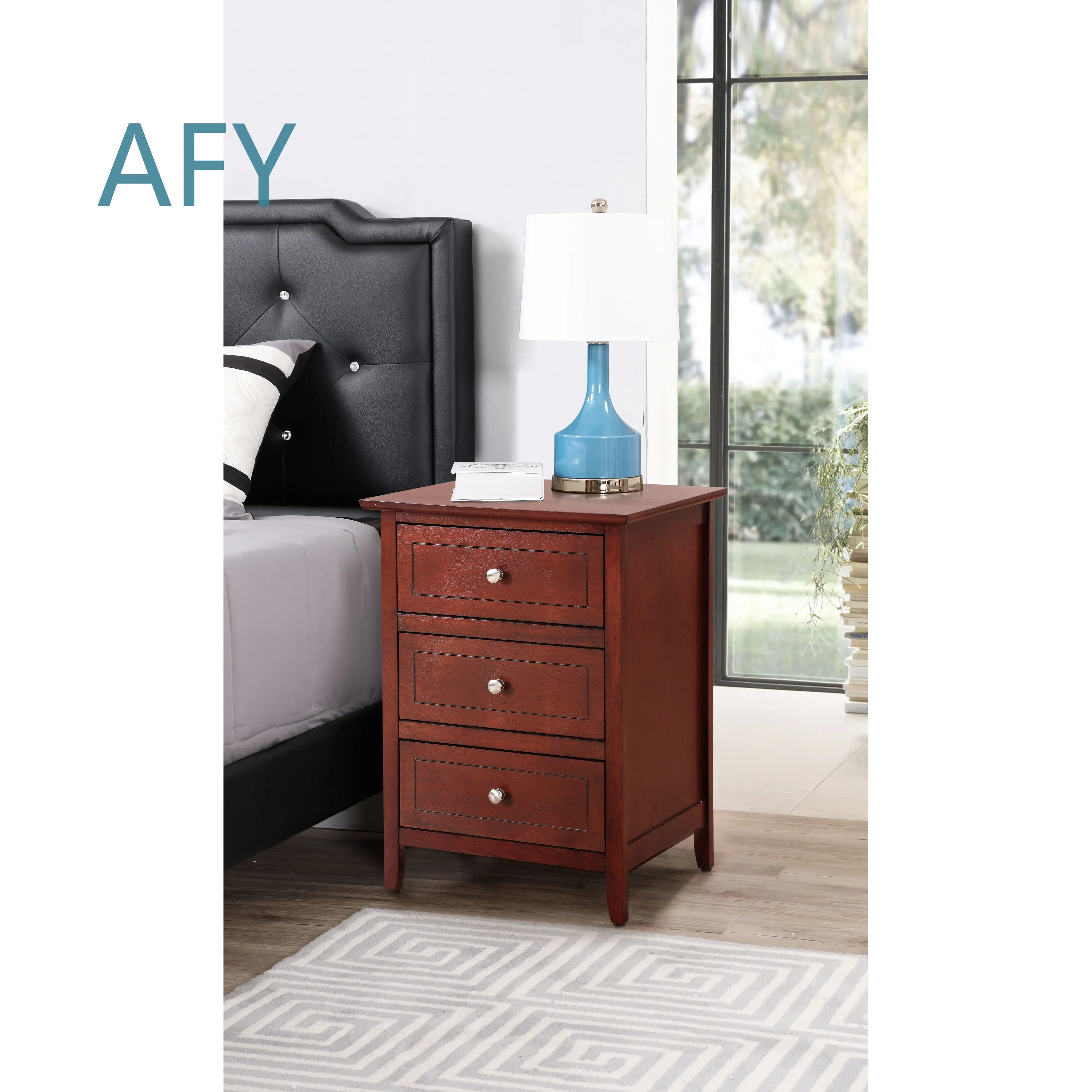 DB Modern Transitional Luxury Nightstand with Wireless Charging Smart Features Solid Oak Cherry Finish Bedroom Furniture for