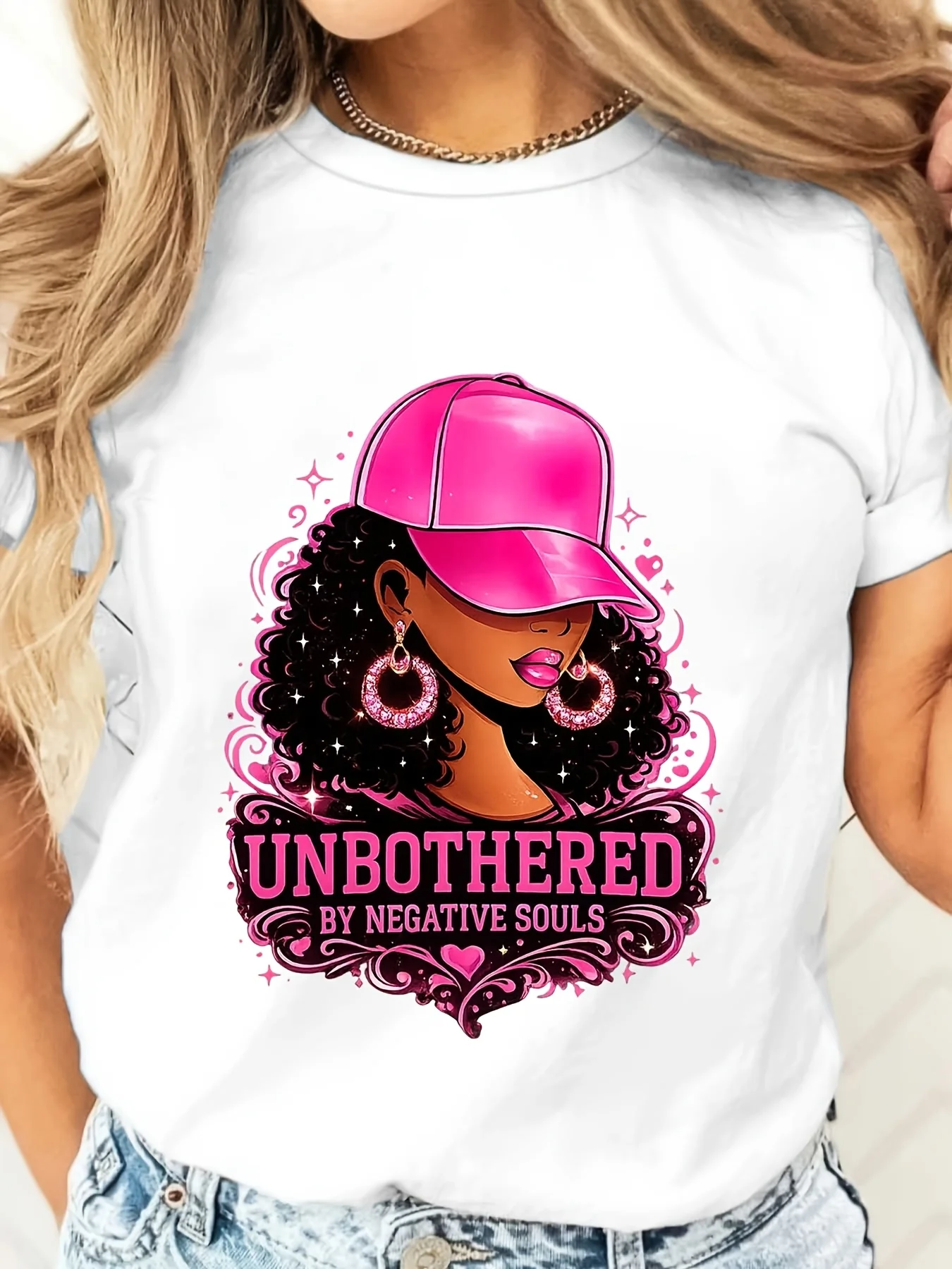 Unbothered By Negative Souls Pink Hat Girl Graphic, T-Shirt, Empowerment Self Care Theme, Casual Daily Wear Streetwear
