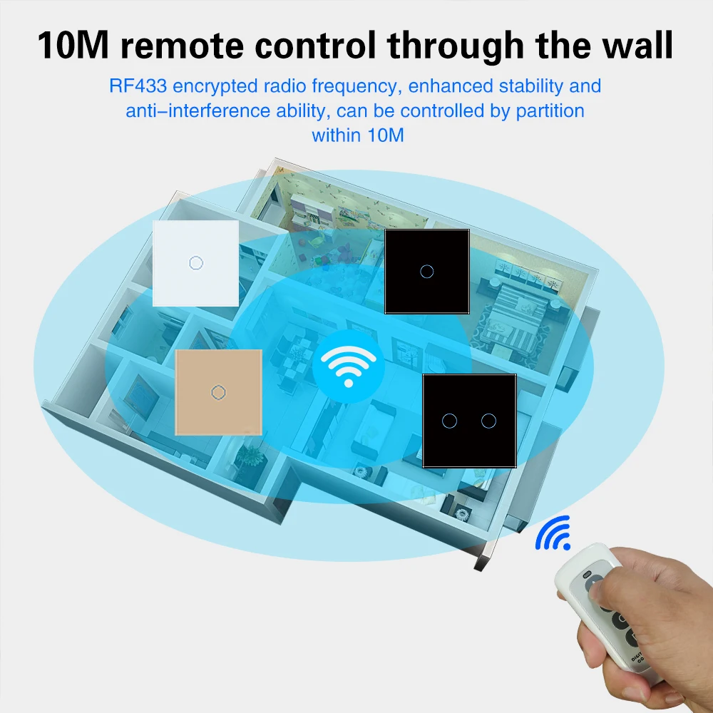 UBARO 433RF Wireless Remote Control Touch Switch Glass Panel Wall Light Interruptor Electrical Sensor Power Home Button 220V 10A