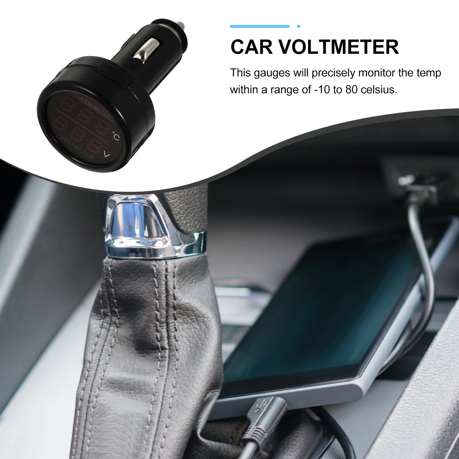 

2-in-1 Car Thermometer Voltmeter Cigarette Lighter Plug Black Shell Blue Red LED Display Precise Sensor -10 to 80 Celsius