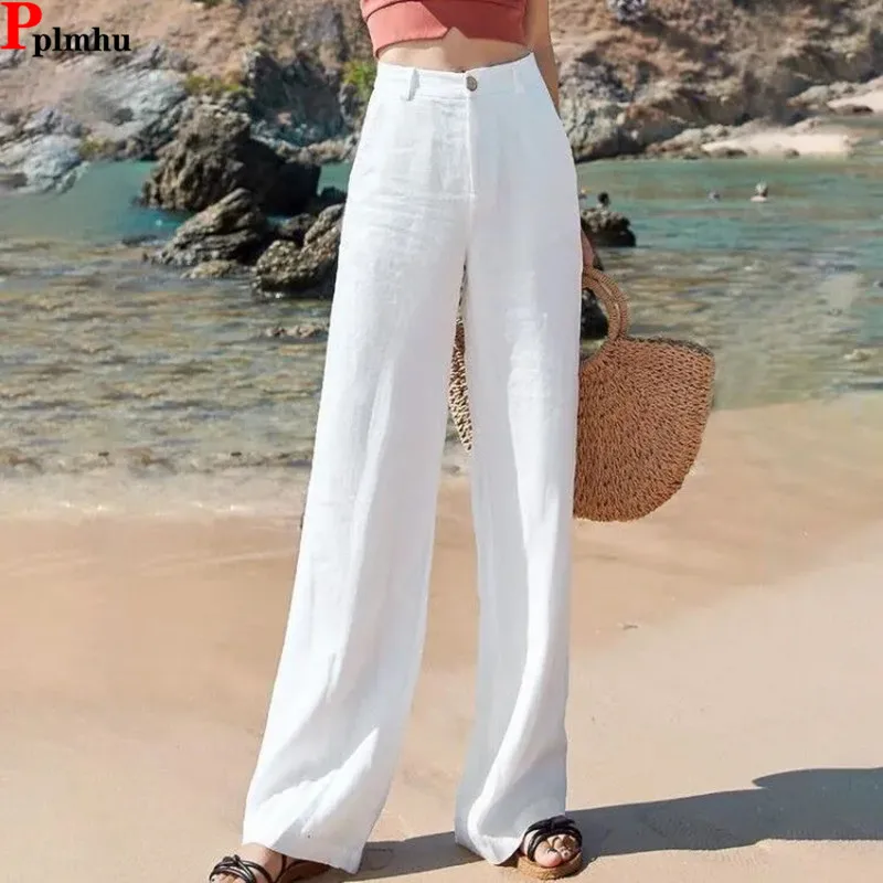 

Thin Cotton Linen Wide Leg Pantalones Summer High Waist basic Korea Fashion Straight Pants New Women Vintage Broek Baggy Spodnie