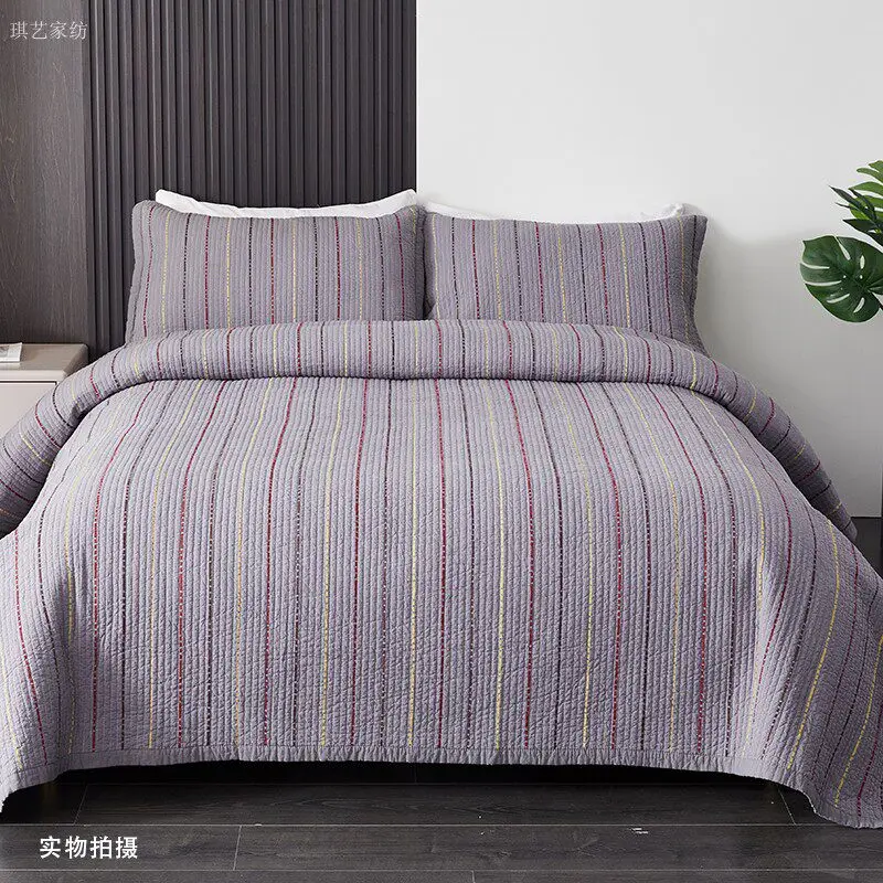 100% Cotton Yarn-Dyed Striped Quilted Coverlet Set 3Pcs, Reversible Summer Quilt Lightweight Matelassé Blanket & Bedspread