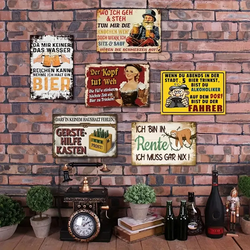 2D Flat, 2D Flat - Vintage German Humor Metal Sign Set, 6pcs in Total, Each Measuring 2.49 X 10.01 cm, Perfect for Beer-Themed W